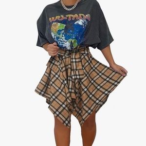 Women's Plaid Skirts High Waisted Knot Front Asymmetrical Hem Mini Skater Skirt